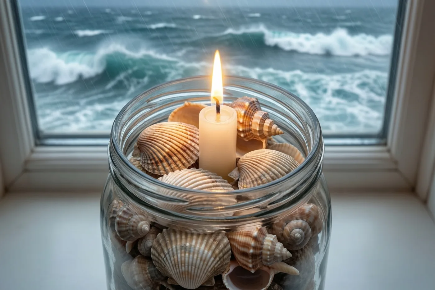 Op een vensterbank staan een glazen pot met schelpen en een brandende witte kaars, met door het raam zicht op een stormzee met brekende golven in blauwgrijze tinten.