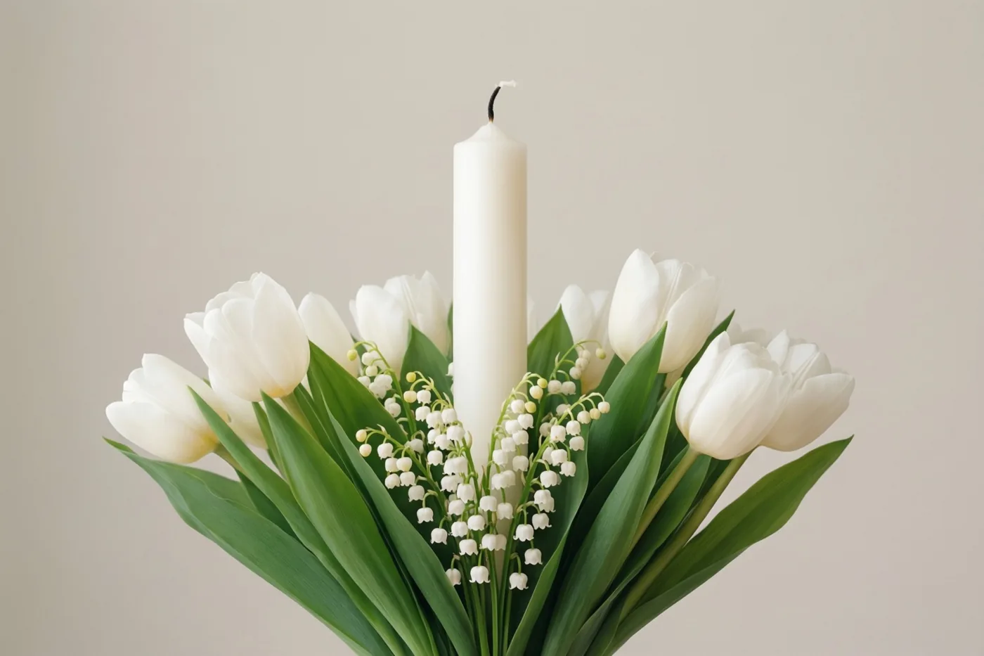 Een witte communiekaars staat rechtop in een bloemstuk met witte tulpen en meiklokjes tegen een effen lichte achtergrond.