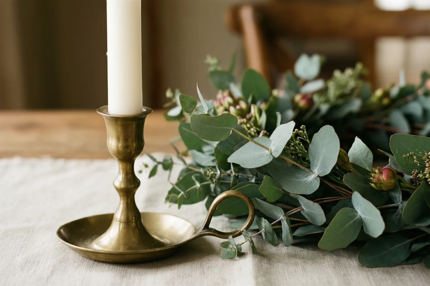 Een slanke messing kandelaar met een witte kaars staat naast een eucalyptuskrans op een beige linnen doek in zacht licht.