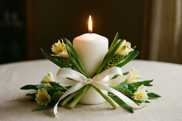 Een brandende witte kaars met een wit lint staat tussen groene stelen en lichte lentebloemen op een beige tafelkleed.