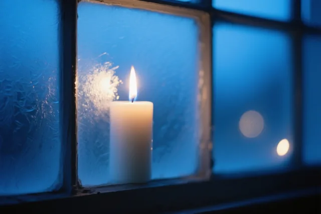 Een brandende witte kaars staat op een vensterbank voor matglas, met koele blauwe tinten en onscherpe lichtjes op de achtergrond.