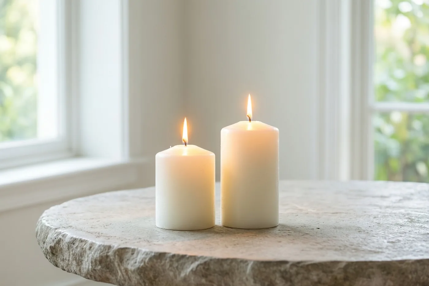 Twee witte kaarsen branden naast elkaar op een ronde stenen tafel, met zacht daglicht door ramen op de achtergrond.