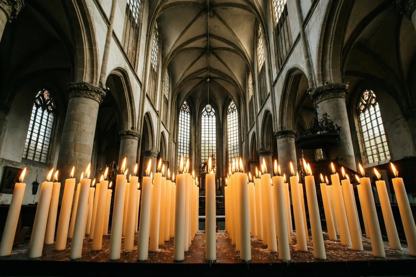 Een rij brandende witte kaarsen staat in een oude Vlaamse kerk met hoge gewelven, stenen pilaren en daglicht door hoge ramen.