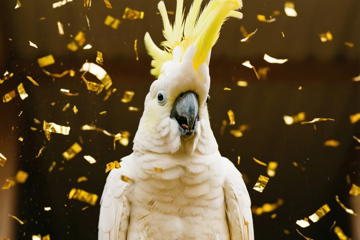 Een witte kaketoe met opgezette gele kuif staat tegen een donkere achtergrond tussen vallende gouden confetti.