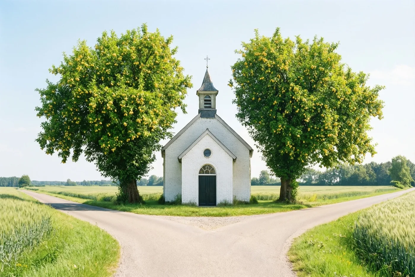 Een kleine witte bakstenen kapel met een torenspits staat aan een kruispunt tussen twee grote bomen met gele vruchten, omringd door gras en tarwe onder een blauwe hemel.