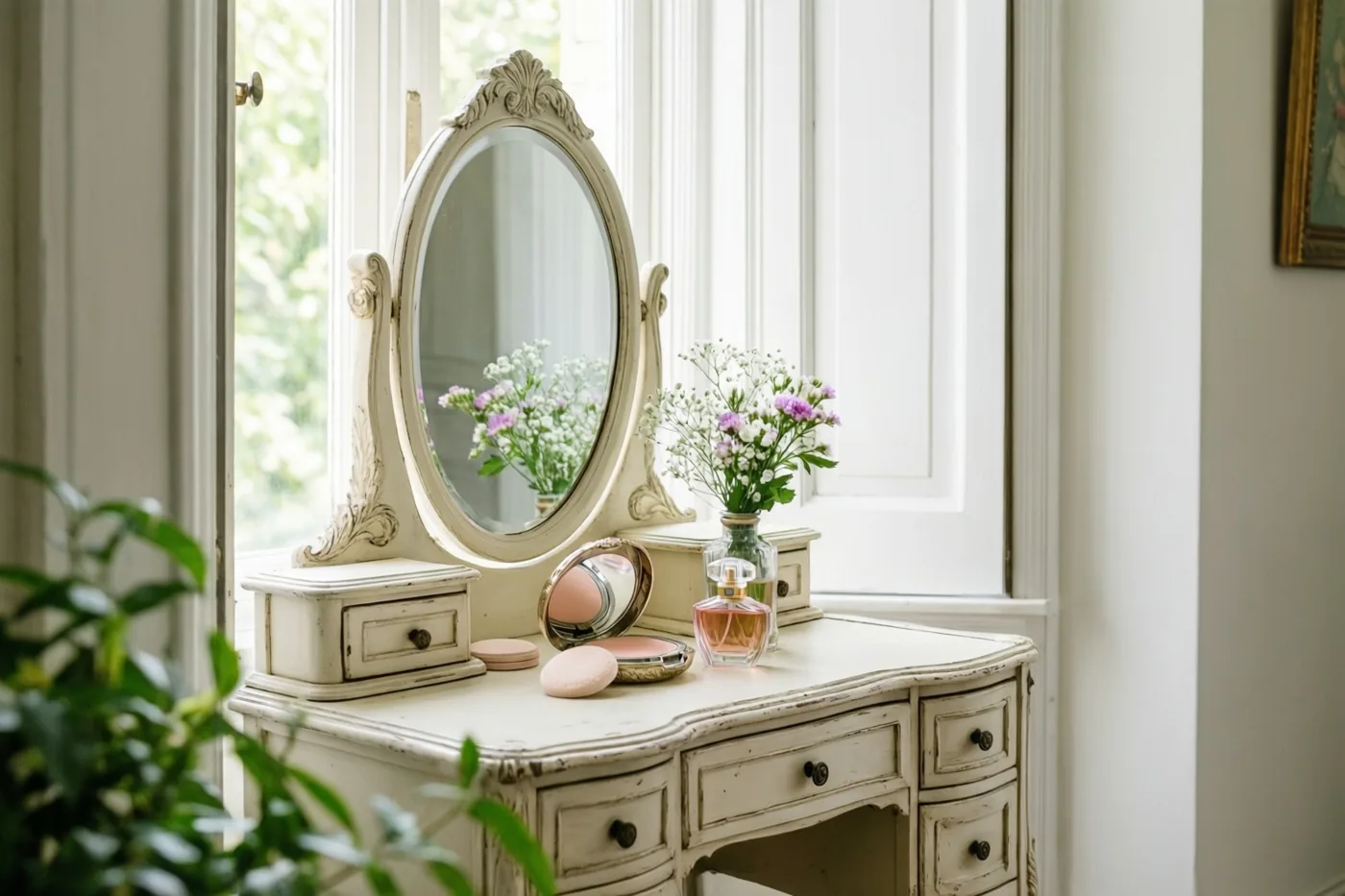 Een sierlijke witgeschilderde oude kaptafel staat bij een raam met een parfumflesje, een open poederdoosje en een klein boeket paarse en witte bloemen.