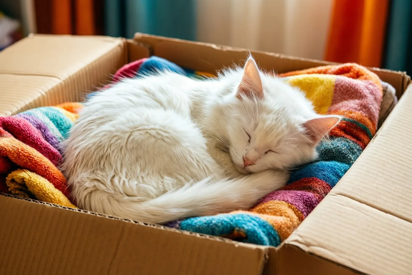Een pluizige witte kat slaapt opgerold in een open kartonnen verhuisdoos met opgevouwen dekens in oranje, geel, blauw en roze.