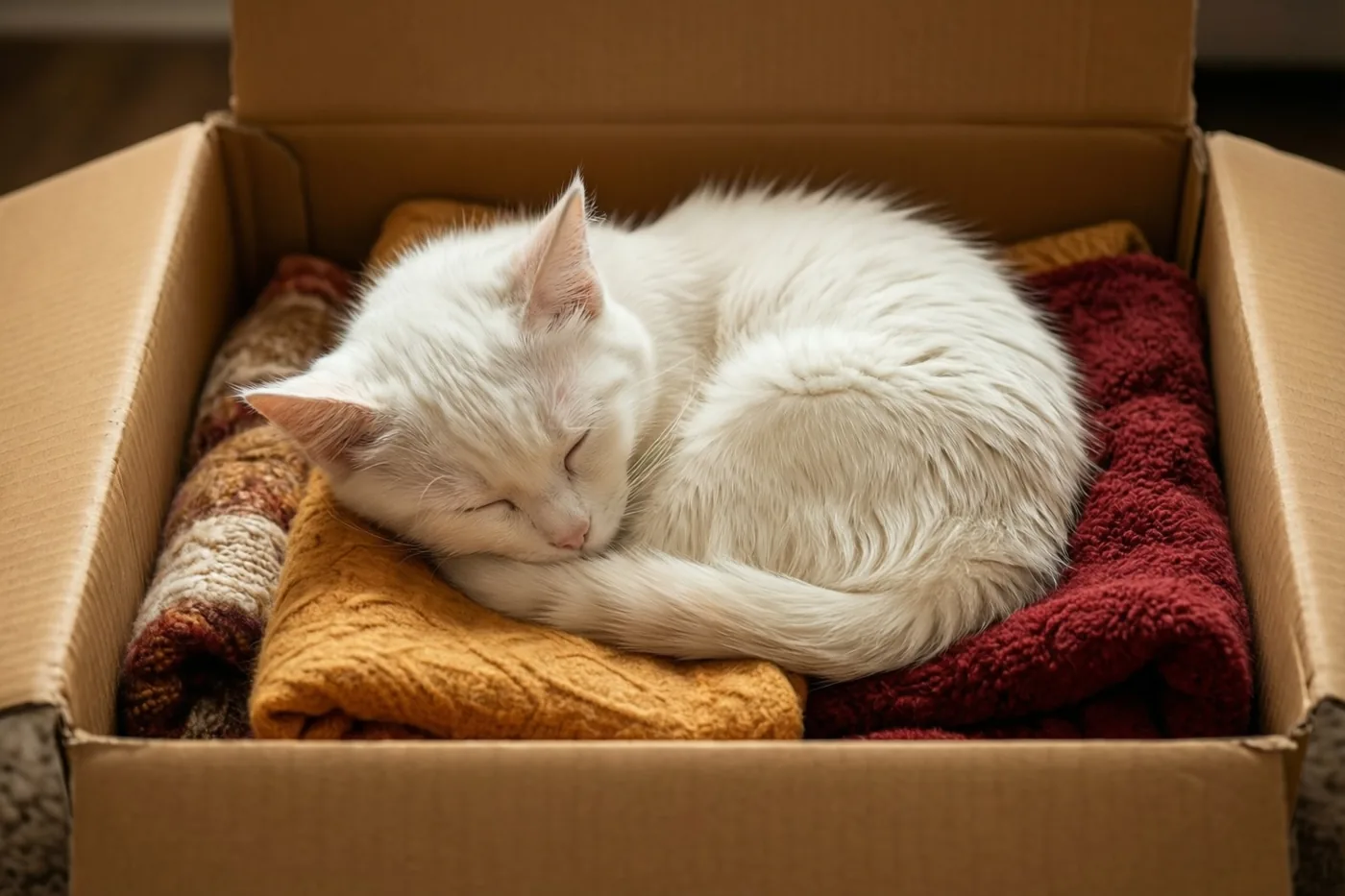 Een pluizige witte kat ligt opgerold te slapen in een open kartonnen verhuisdoos met opgevouwen rode, oranje en bruine dekens.