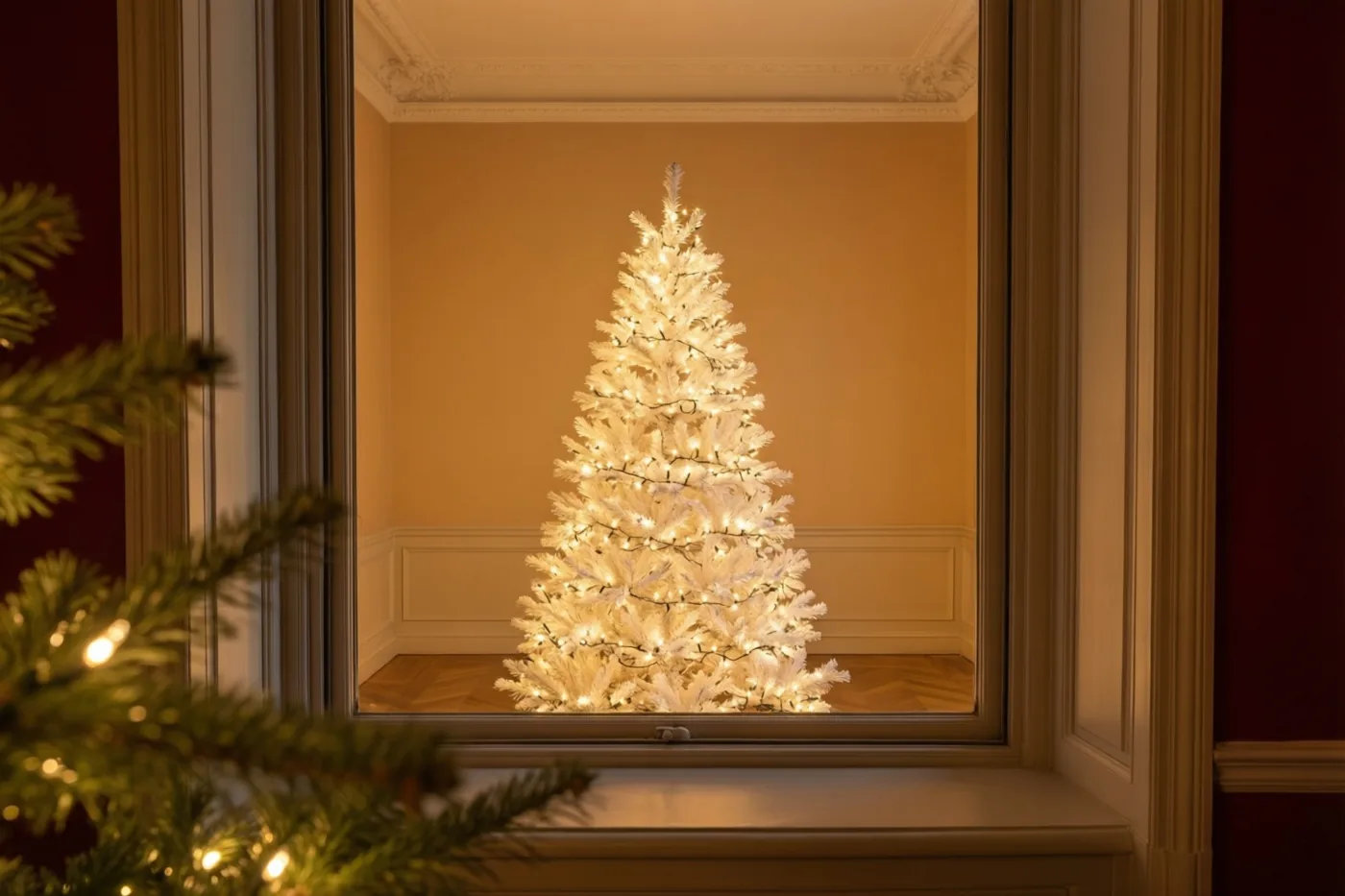 Door een raam met sierlijsten is een witte kerstboom met warmwitte lichtjes te zien in een lege kamer met warmgele muren en een houten vloer.