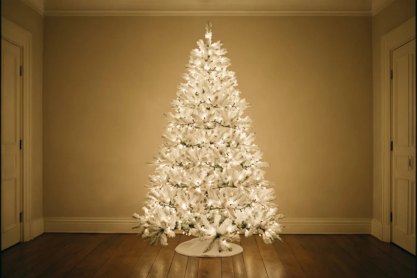 Een witte kerstboom met warmwitte lichtjes staat alleen in een lege kamer met een houten vloer en beige muren.