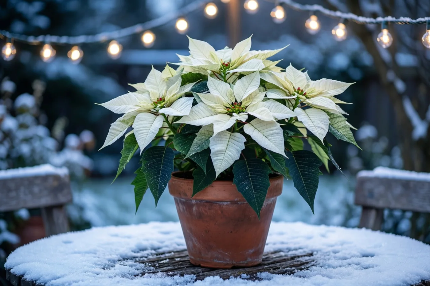 Een terracotta pot met witte kerststerren staat op een besneeuwde houten tuintafel tussen warme lichtslingers voor een onscherpe sneeuwachtergrond.