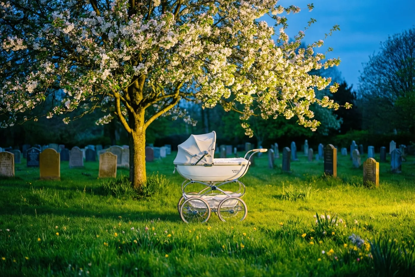 Een witte kinderwagen staat op gras op een kerkhof onder een boom met witte bloesems, in warm licht tegen een blauwe schemerlucht.