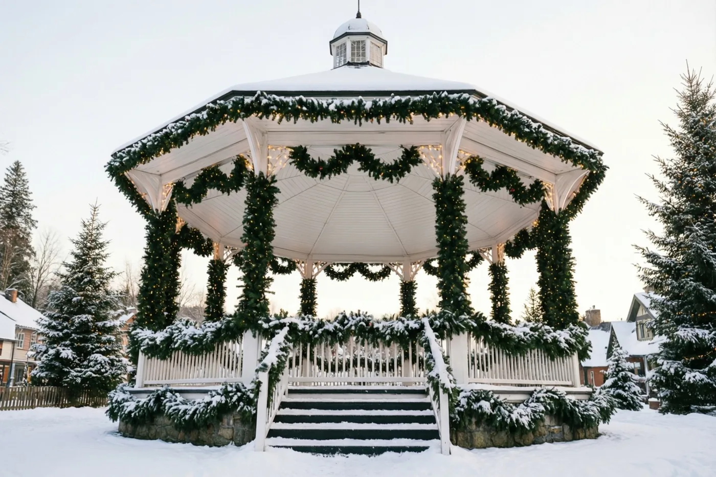 Een witte achthoekige kiosk met sneeuw, groene dennenslingers en warme lichtsnoeren staat bij valavond in een besneeuwd dorp met groenblijvende bomen en huizen.