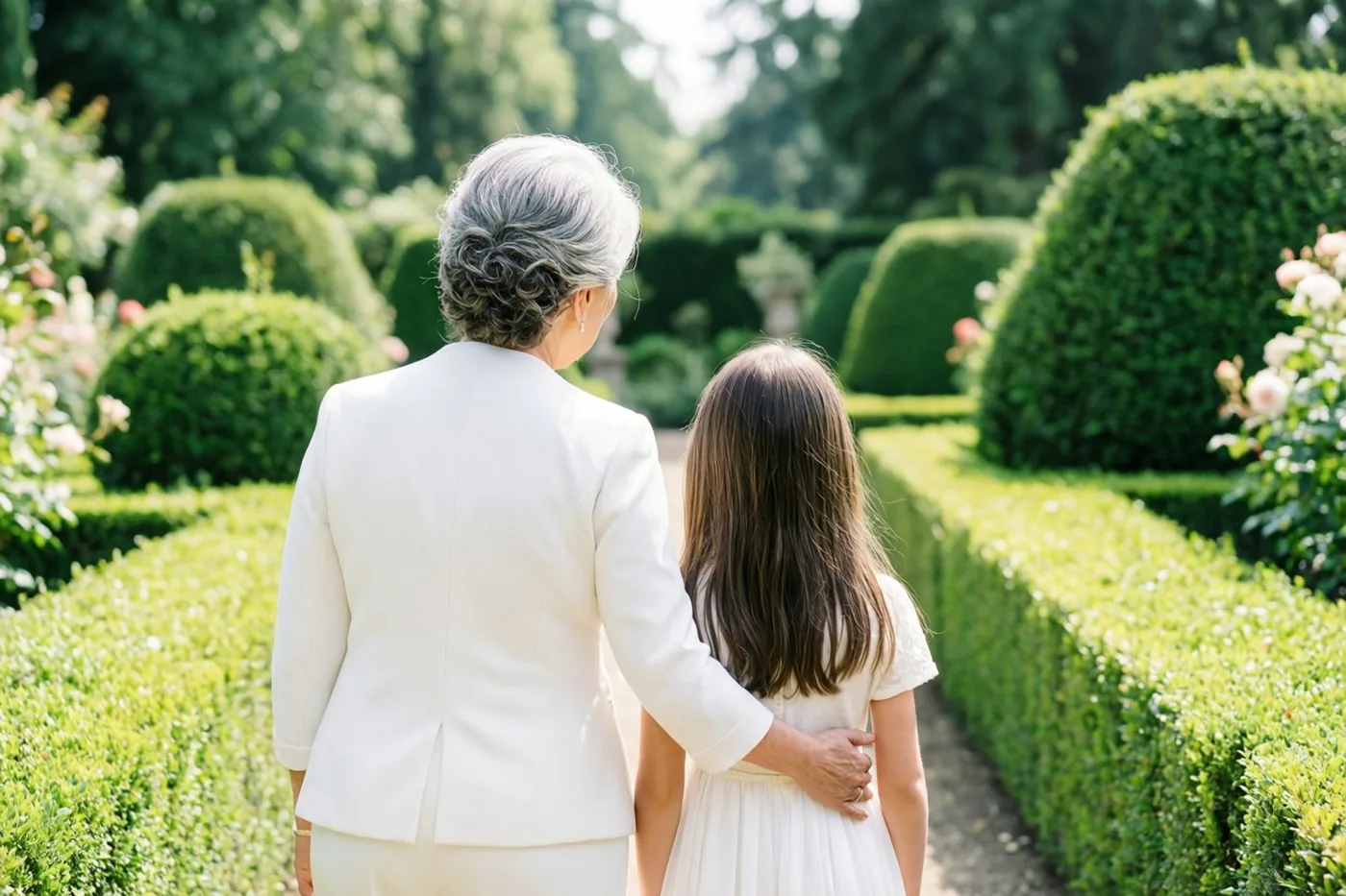 Een oudere vrouw en een jong meisje in witte kleding wandelen van achteren gezien door een formele tuin met strak gesnoeide hagen in helder daglicht.