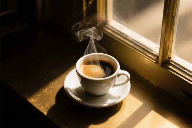 Een dampende witte kop koffie staat op een schoteltje bij een raam in warm, goudkleurig zonlicht.
