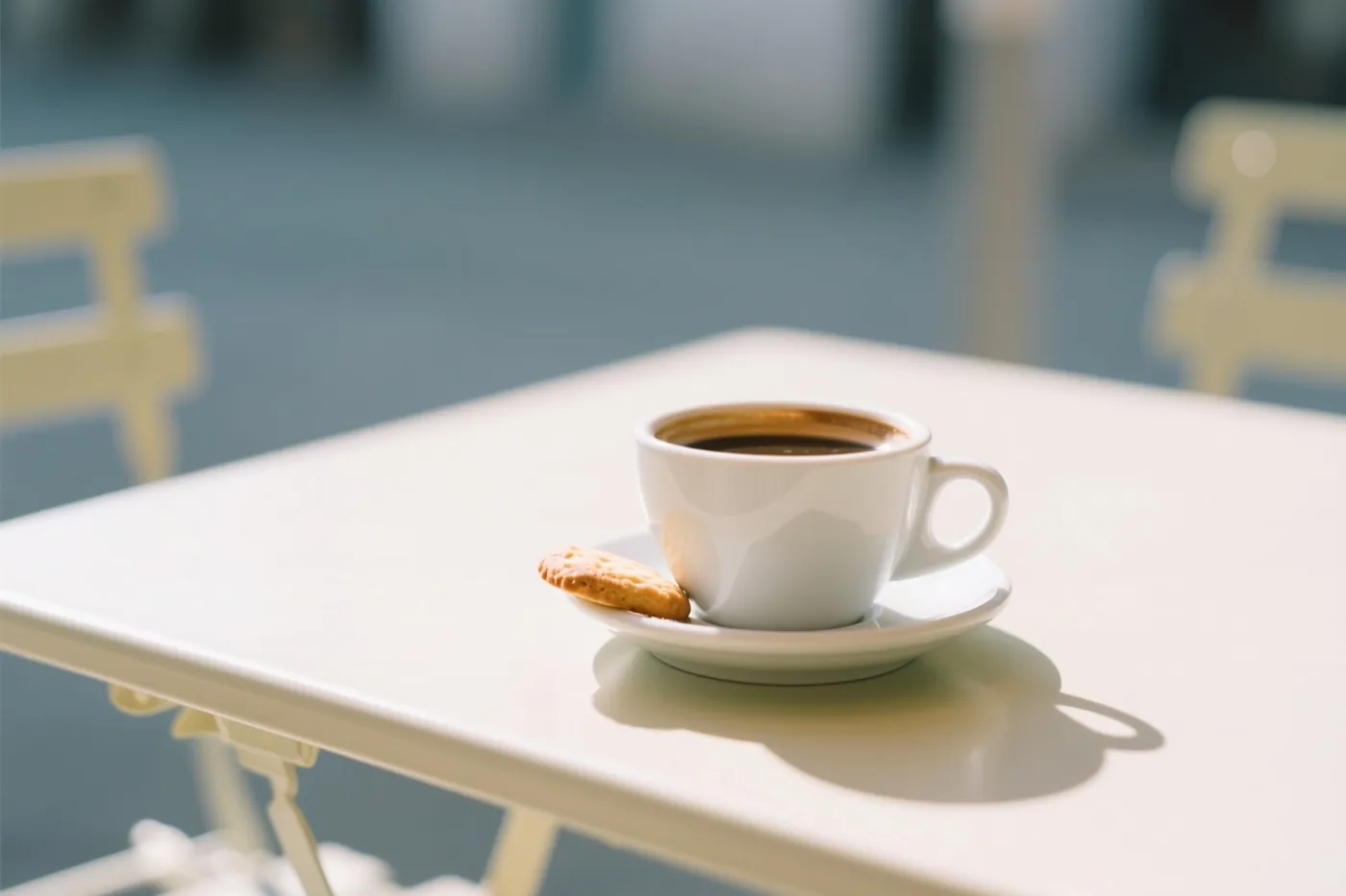 Een witte kop koffie met een koekje op een wit schoteltje staat op een witte terrastafel in helder zonlicht.