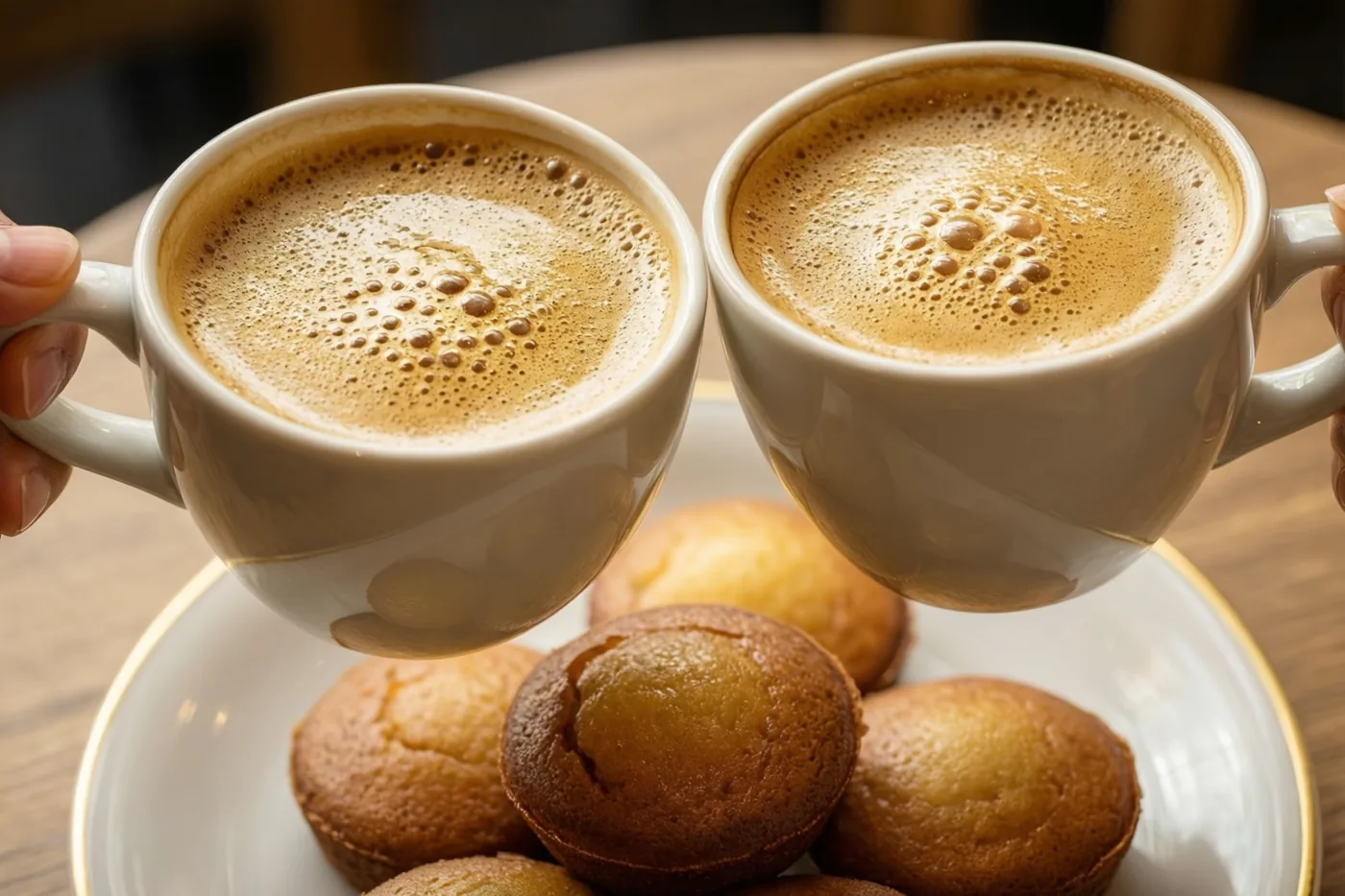 Twee handen klinken witte koffiekoppen tegen elkaar boven goudbruine koffiekoeken op een houten cafétafel in warm licht.
