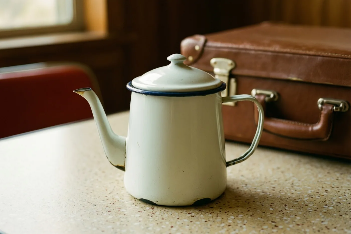 Een witte geëmailleerde koffiepot met een blauwe rand staat naast een bruine leren aktetas op een beige gespikkelde formicatafel in warm licht.
