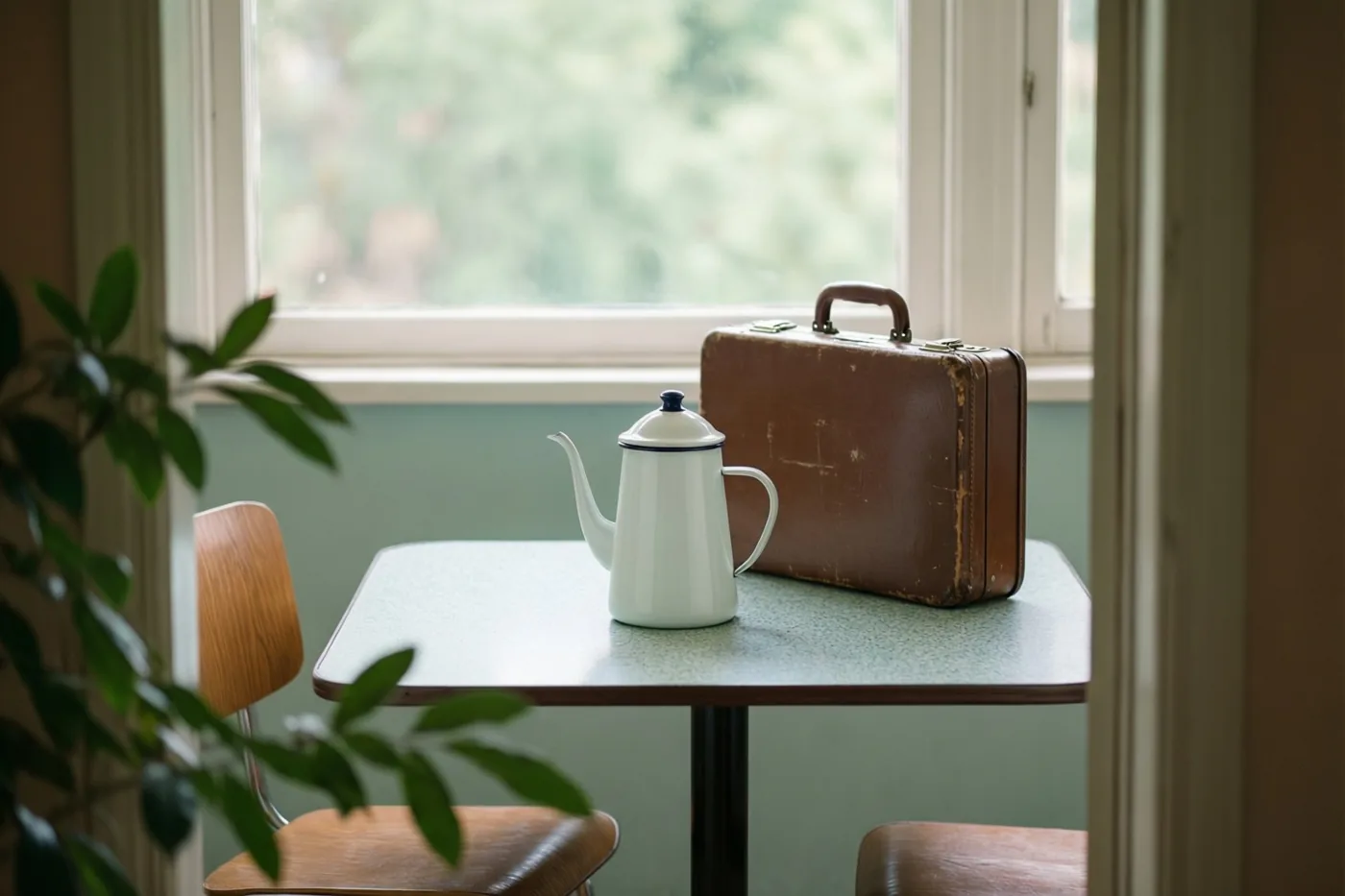 Een witte geëmailleerde koffiepot en een bruine leren aktetas staan op een lichtgroene formicatafel bij een raam in zacht daglicht.