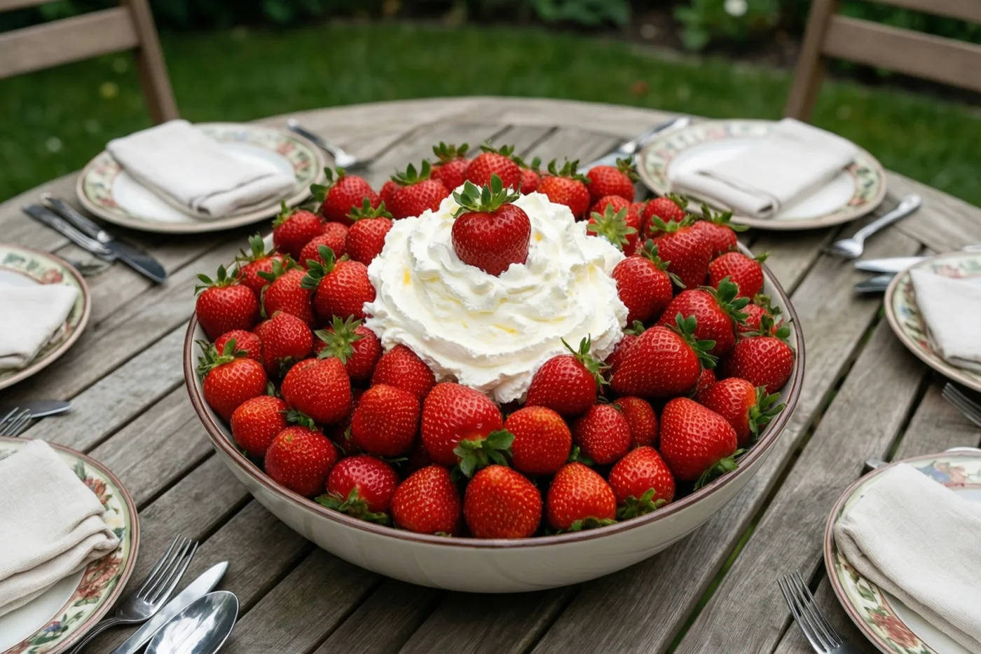Een grote witte kom aardbeien met slagroom staat op een houten tuintafel op het gras, tussen borden, bestek en gevouwen servetten.