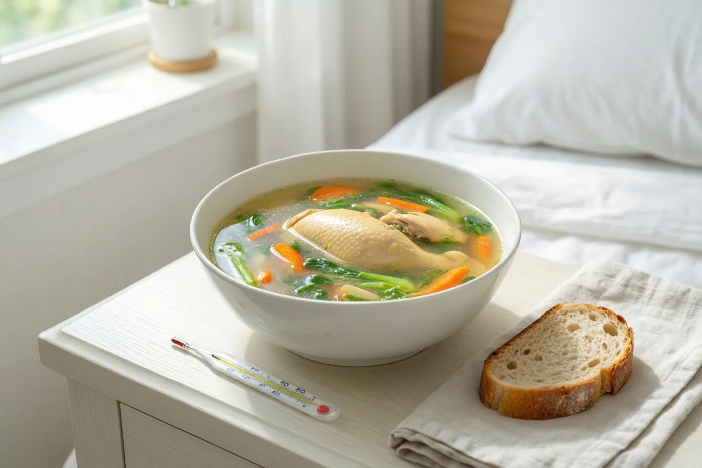Een witte kom heldere kippenbouillon met groenten en een snee brood staan naast een thermometer op een nachttafeltje in een slaapkamer met veel daglicht.