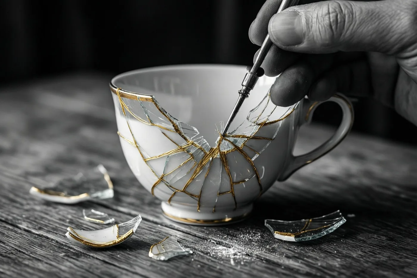 Een gebroken witte keramieken kop met gouden herstellijnen wordt weer in elkaar gezet op een donkere houten tafel, in een verder monochroom beeld.