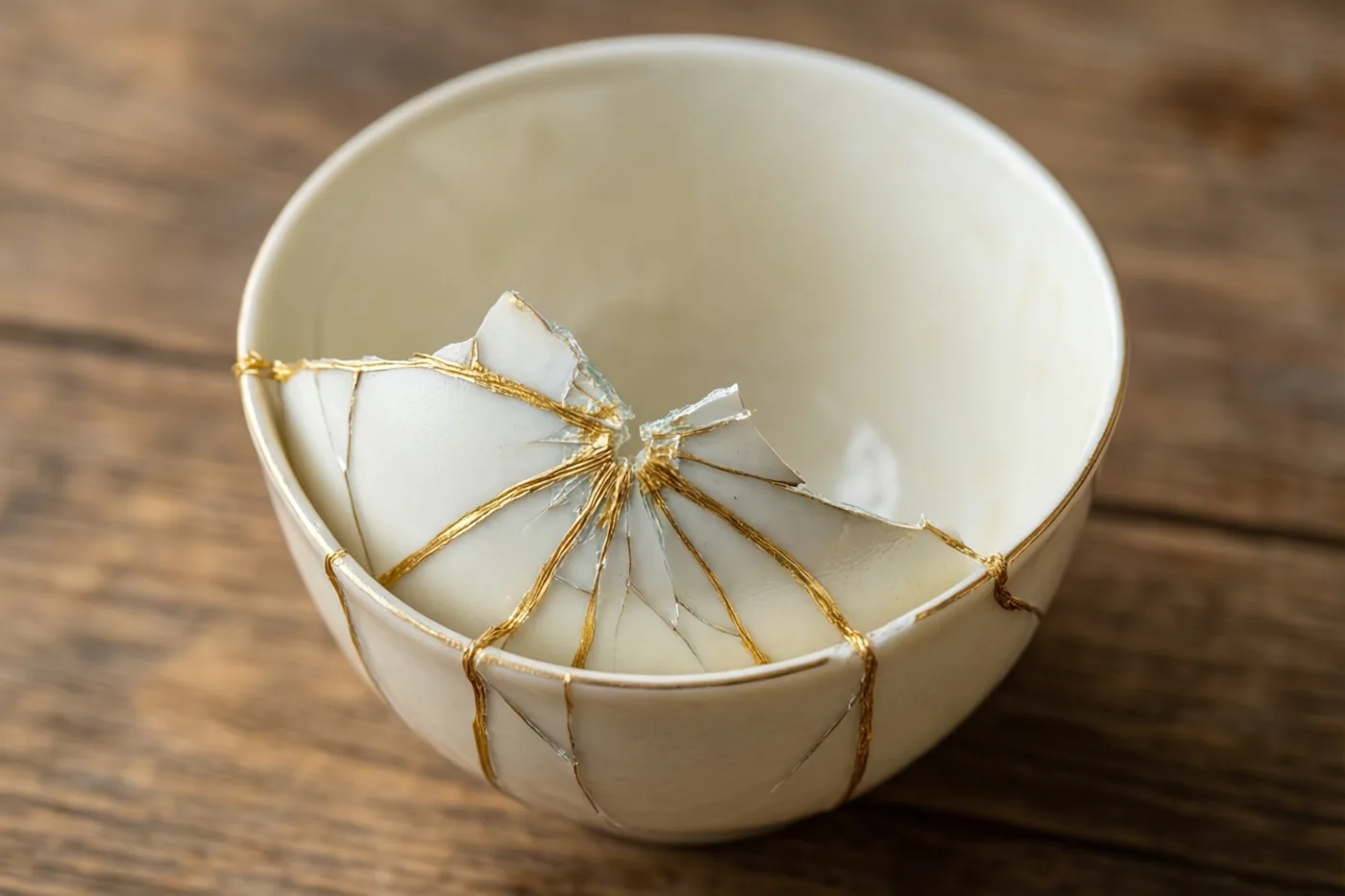 Een witte keramieken kop met een stervormige barst die met gouden lijnen is hersteld, staat op een houten tafel.