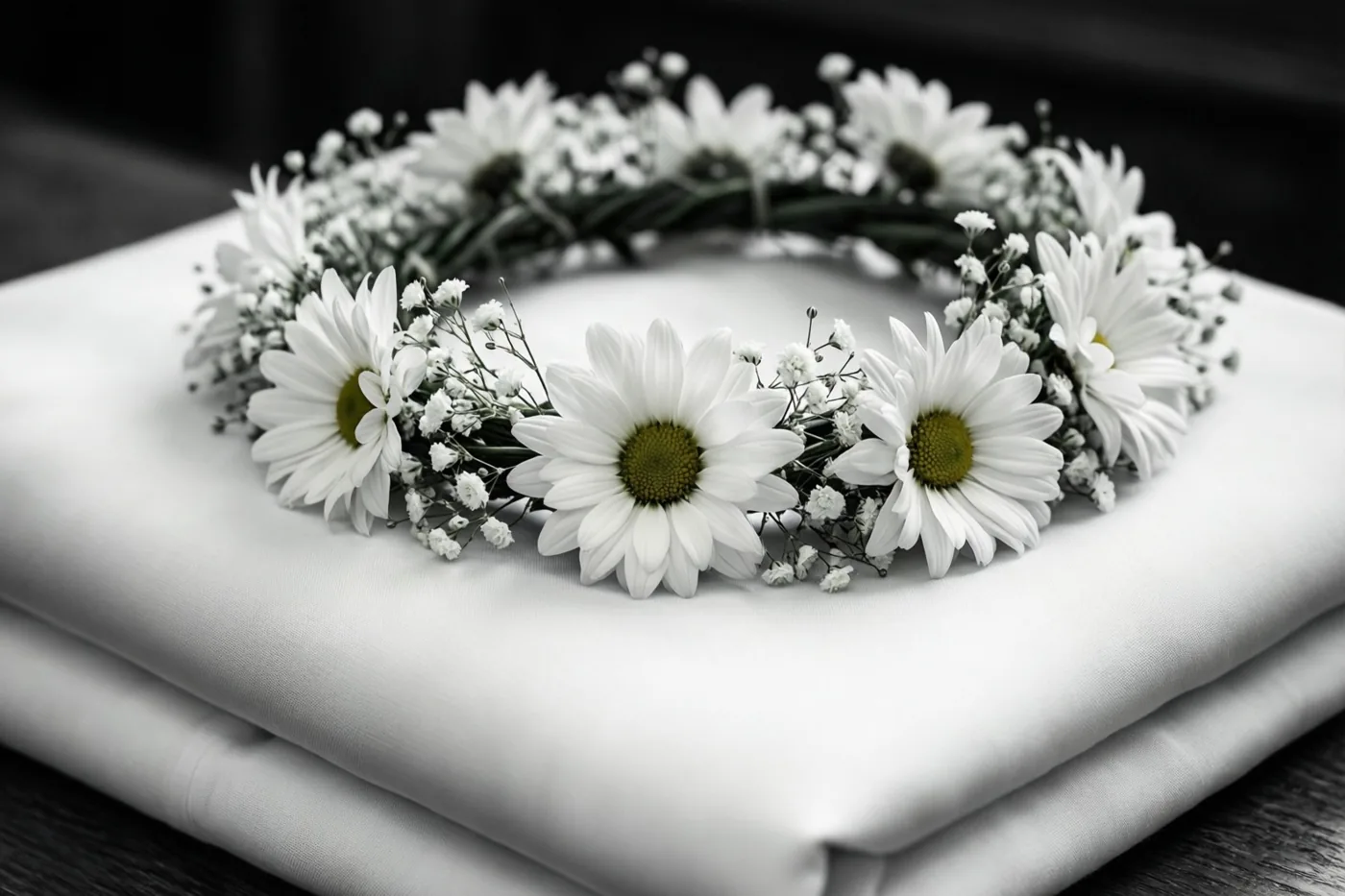 Een ronde krans van witte madeliefjes en gipskruid ligt op een opgevouwen wit kledingstuk, in een vrijwel monochroom beeld met subtiele groene accenten in de bloemhartjes.