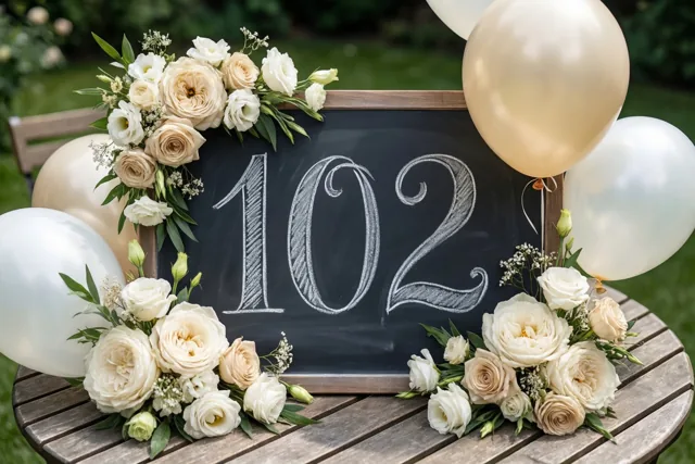 Een krijtbord met 102 in wit krijt staat op een houten tuintafel tussen bloemstukken en ballonnen.
