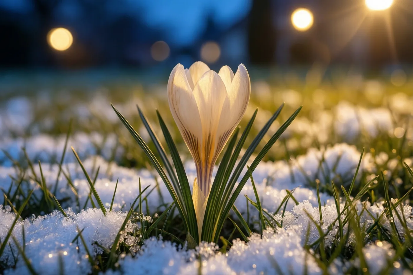 Een witte krokus komt bij schemering uit besneeuwd gras tevoorschijn, met warm kunstlicht op de achtergrond.