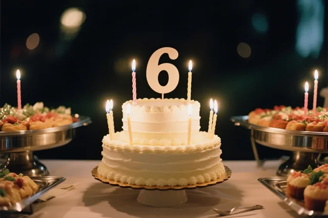 Een witte verjaardagstaart met twee lagen, brandende kaarsen en een grote papieren 6 staat op een buffet tussen schalen met desserts, tegen een donkere achtergrond met onscherpe lichtjes.