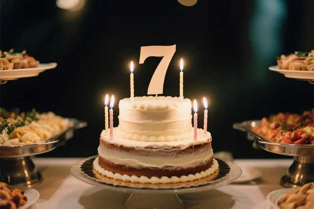 Een witte taart met twee lagen, brandende kaarsen en een grote papieren 7 staat centraal op een buffet in warm licht tegen een donkere achtergrond.