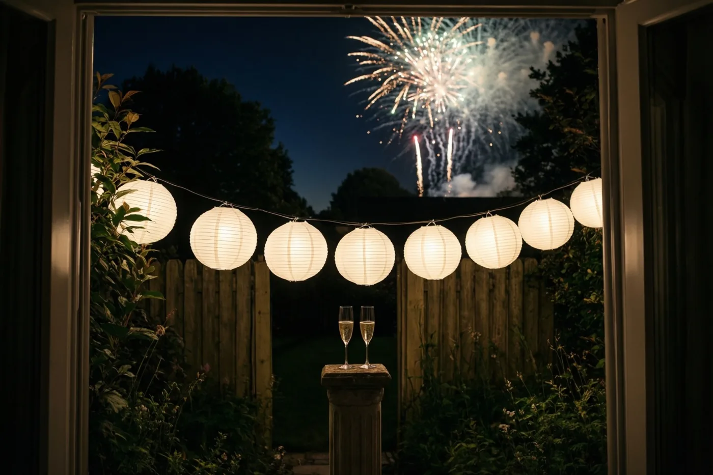 Door een raam zijn witte brandende lampionnen in een tuin te zien, met twee champagneglazen op een stenen paal en vuurwerk achter een houten schutting.