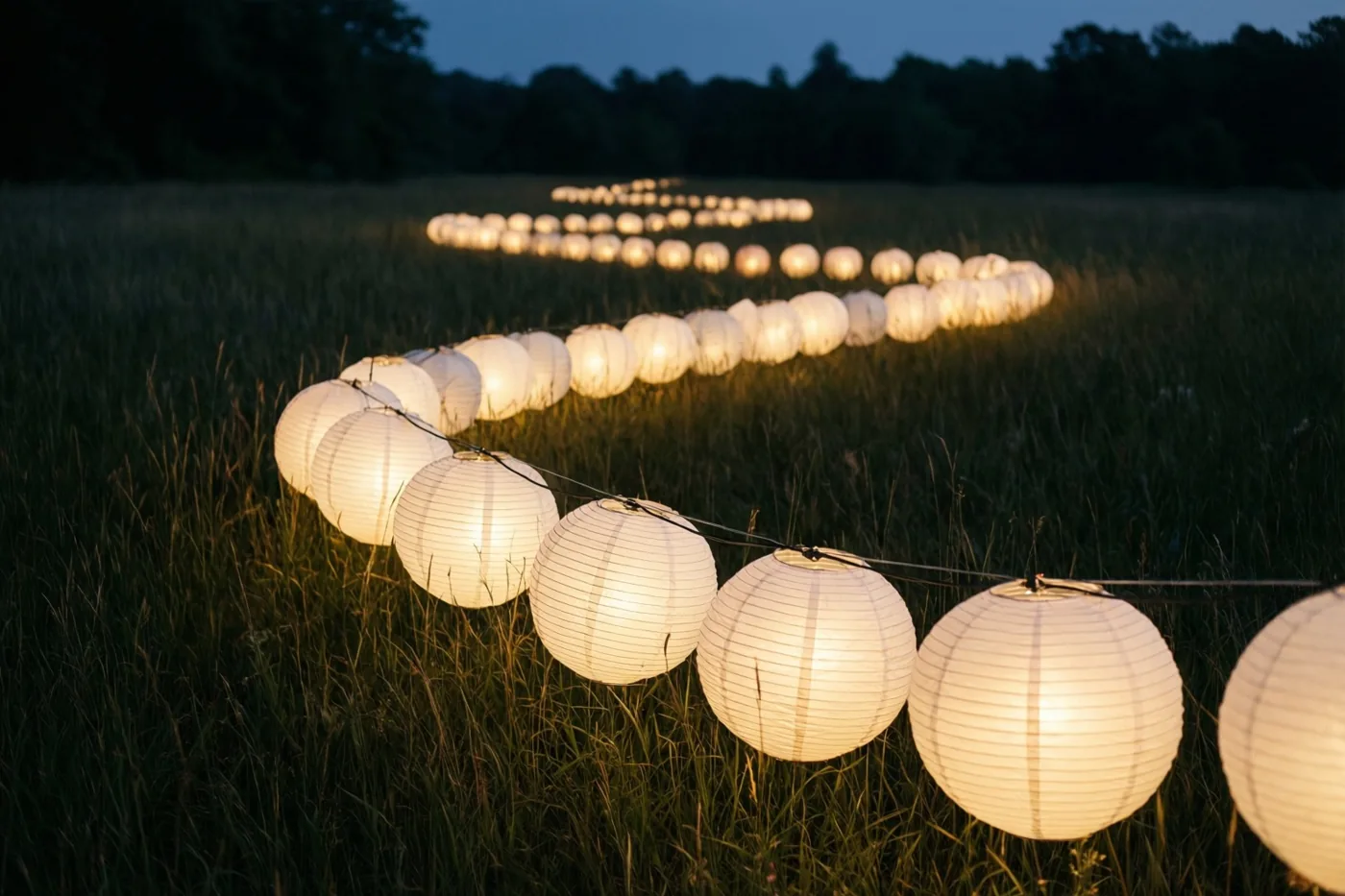 Een slingerende rij lichtgevende witte papieren lantaarns ligt in een donkere grasweide onder een diepblauwe schemerhemel.
