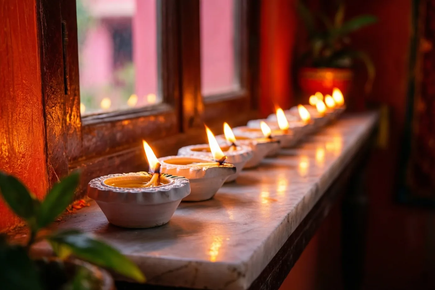 Een rij brandende witte keramieken olielampjes staat op een lange marmeren wandtafel bij een houten raamkozijn, in warme oranje en rode tinten.