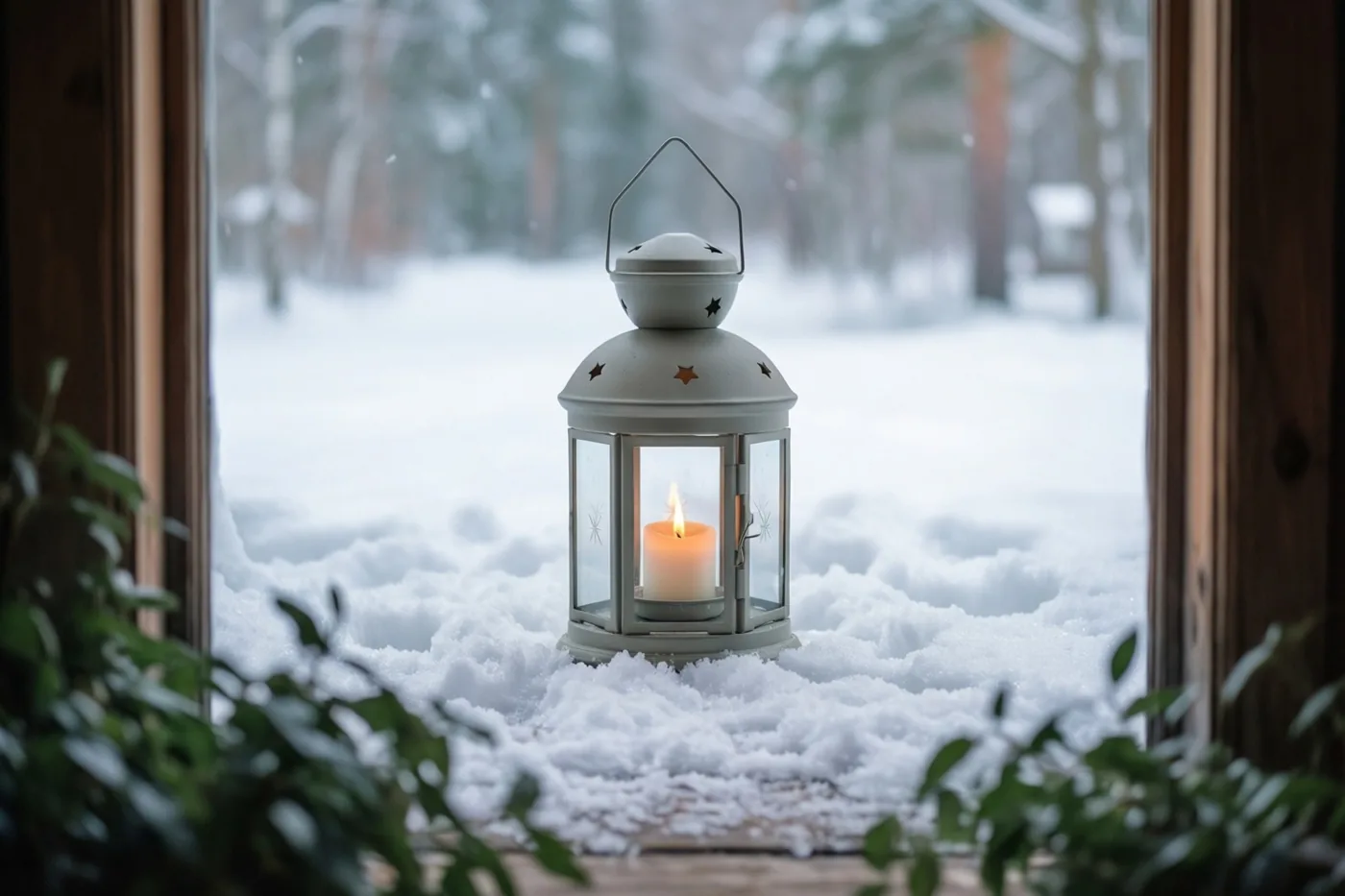 Door een houten raam is een witte lantaarn met een brandende kaars in verse sneeuw op de vensterbank te zien, met een besneeuwd bos erachter en groene bladeren op de voorgrond.