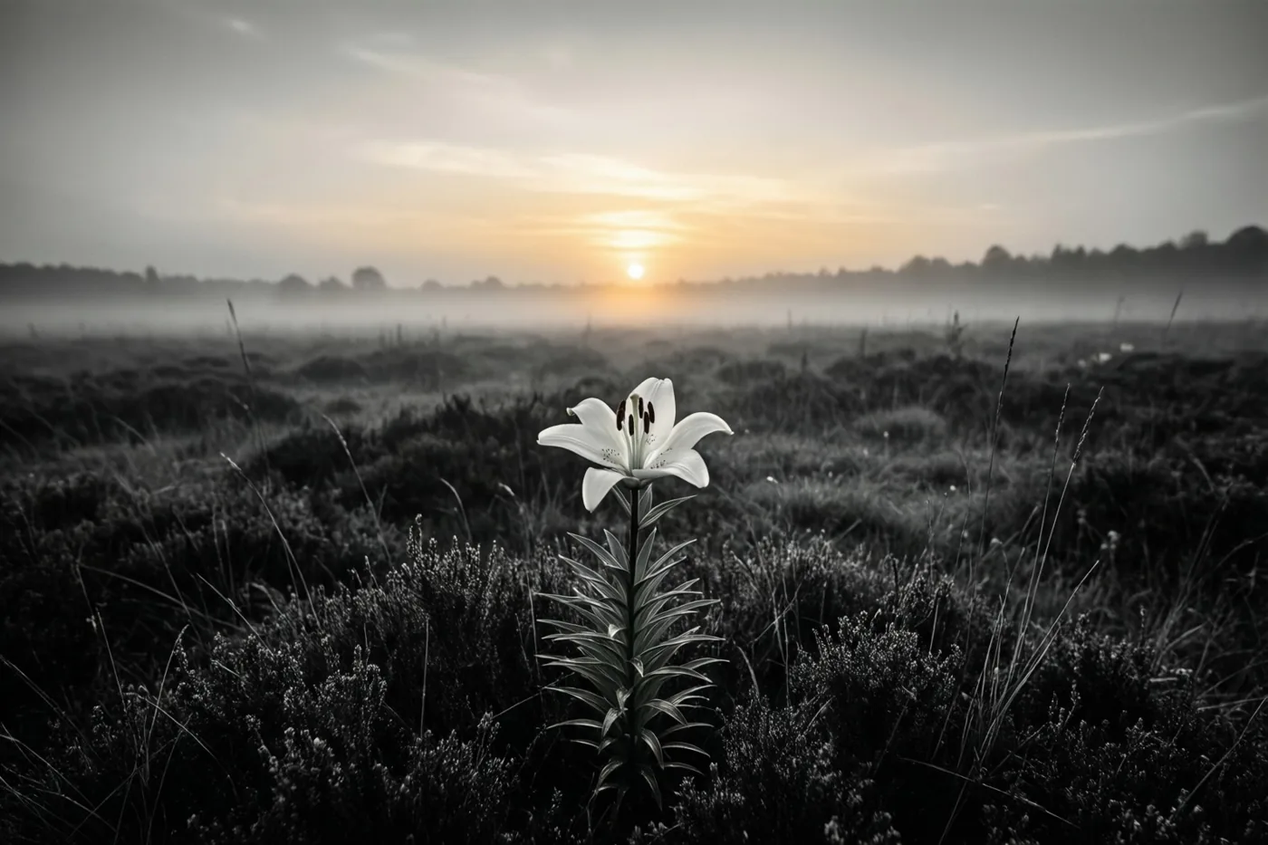 Een witte lelie staat op de voorgrond van een mistig heidelandschap bij zonsondergang, in overwegend grijze tinten met een warme gloed aan de horizon.