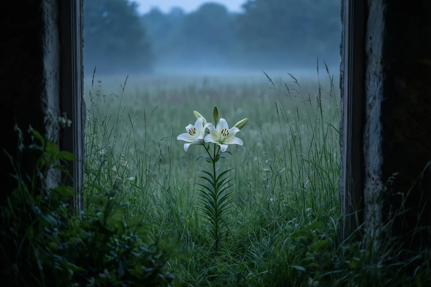 Door een donker raamkozijn is een witte lelie te zien in hoog groen gras aan de rand van een mistige weide, in koele blauwe en groene tinten.