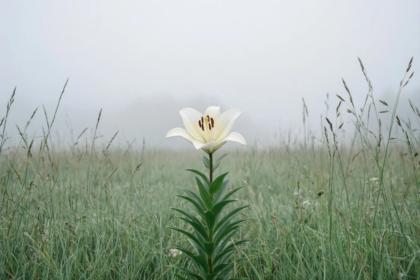 Een witte lelie staat hoog in groen gras met een mistige weide op de achtergrond, in witte, groene en grijze tinten.