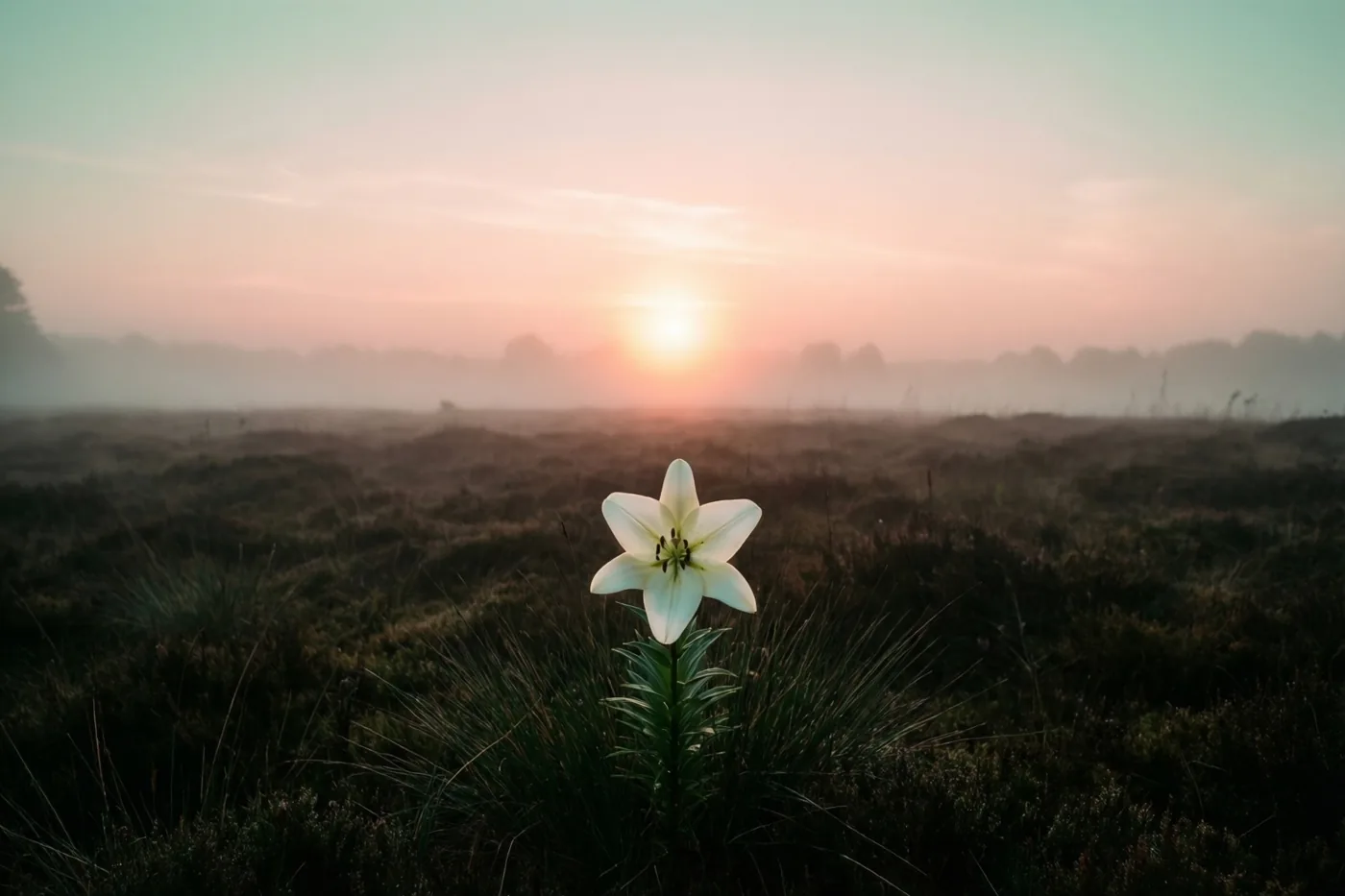 Een witte lelie staat op de voorgrond van een mistige heide onder een roze en oranje avondlucht.