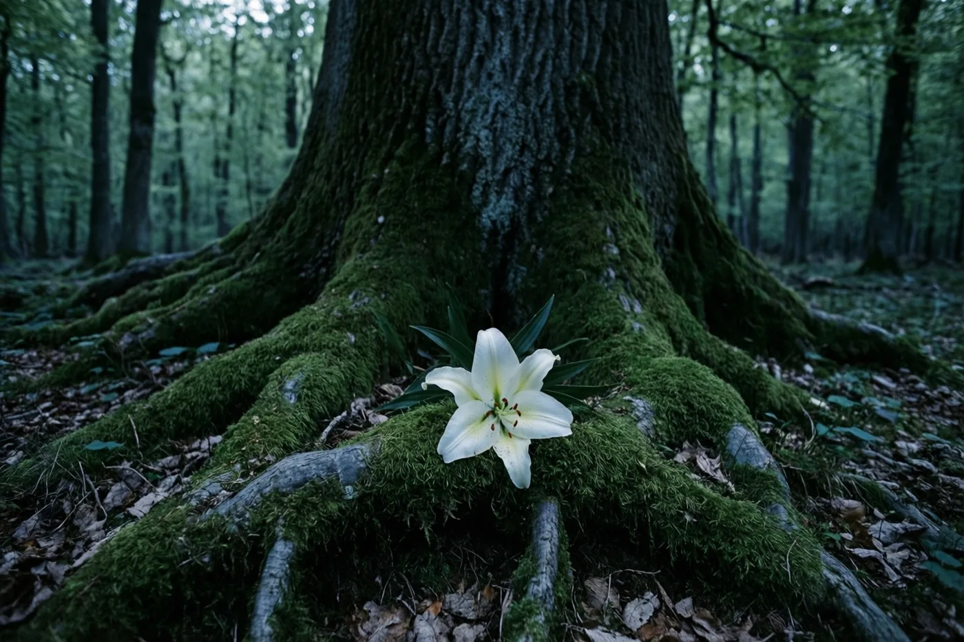Een witte lelie ligt op de met mos bedekte wortels van een grote oude boom in een stil bos.