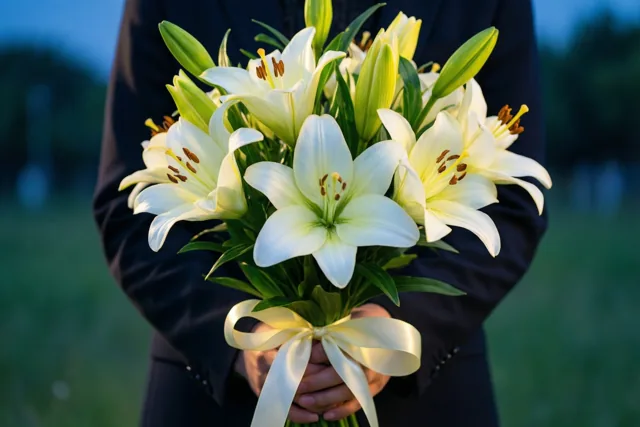 Twee handen uit de mouwen van een donker pak houden een boeket witte lelies met groene stelen en een lichtgeel zijden lint vast tegen een wazige blauwe en groene buitenachtergrond.