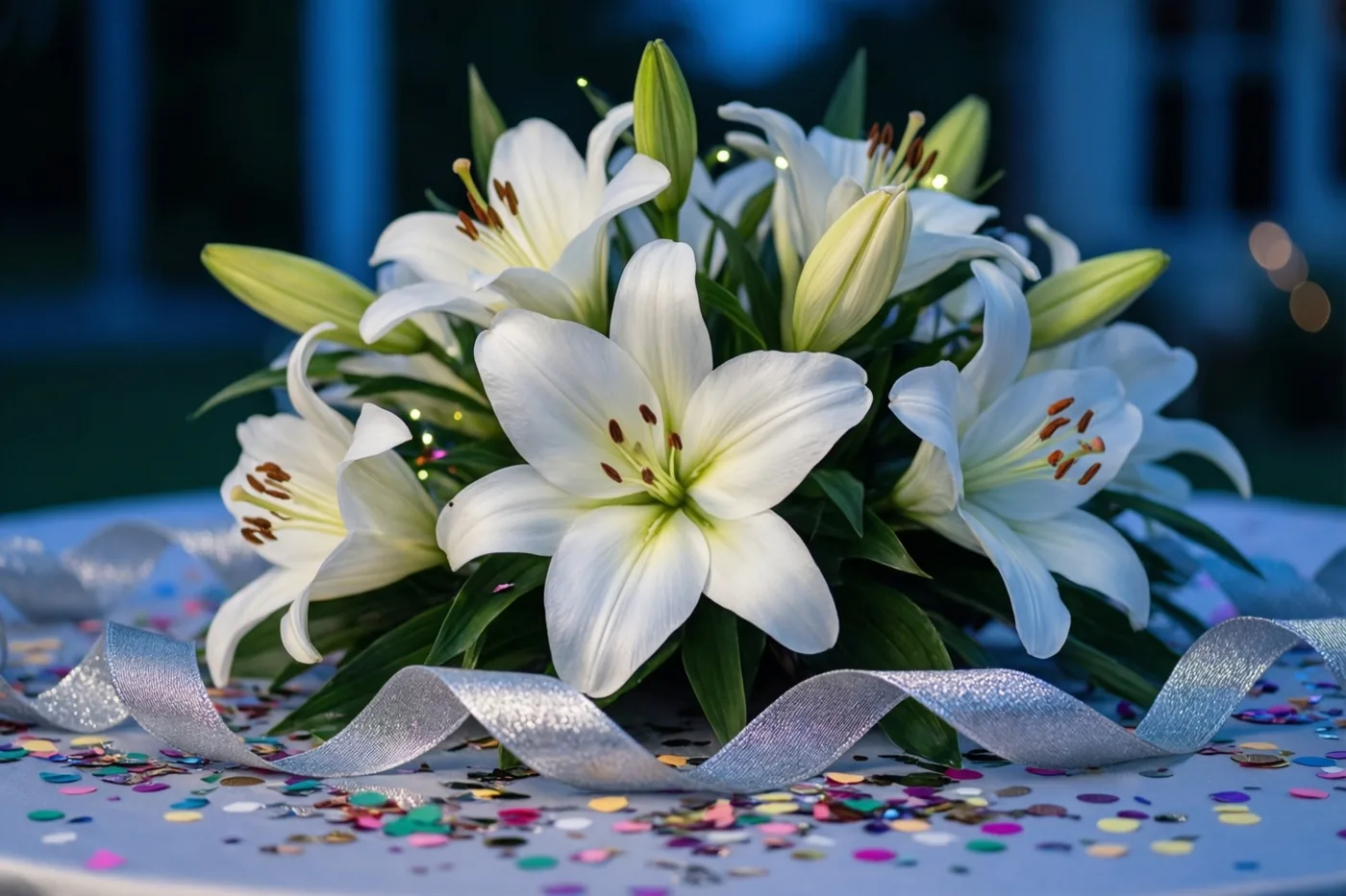 Een boeket witte lelies met groene knoppen en bladeren ligt op een tafel met kleurrijke confetti en een zilverkleurig lint tegen een onscherpe blauwe achtergrond.