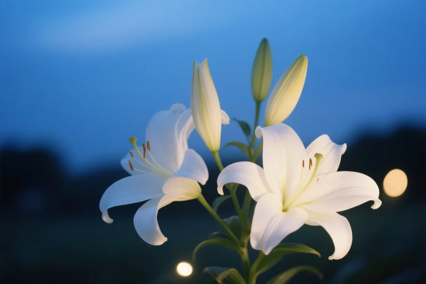 Witte lelies met enkele gesloten knoppen zijn zacht verlicht tegen een blauwe schemerlucht, met wit, blauw en groen als hoofdkleuren.