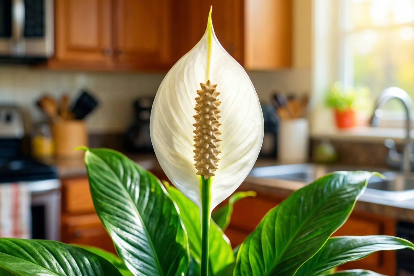 Een witte bloem van een lepelplant met een opvallende bloeikolf is scherp in beeld op een keukenwerkblad, met houten kasten en een zonnig raam erachter.