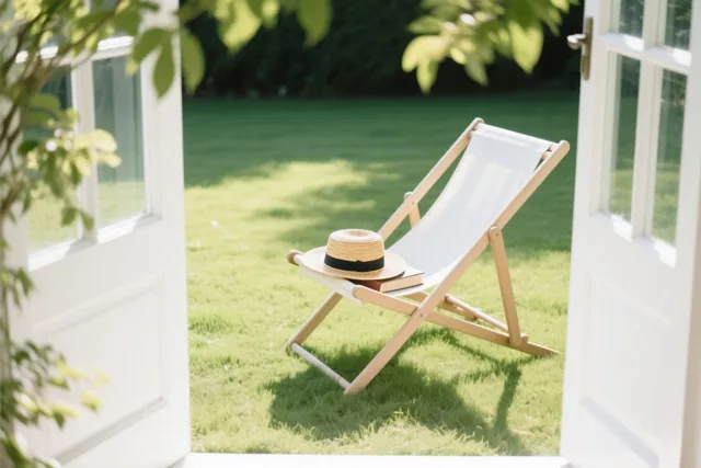 Door een open witte deur is een witte stoffen ligstoel met een strohoed en een boek op een zonnig groen gazon te zien, omlijst door bladeren.