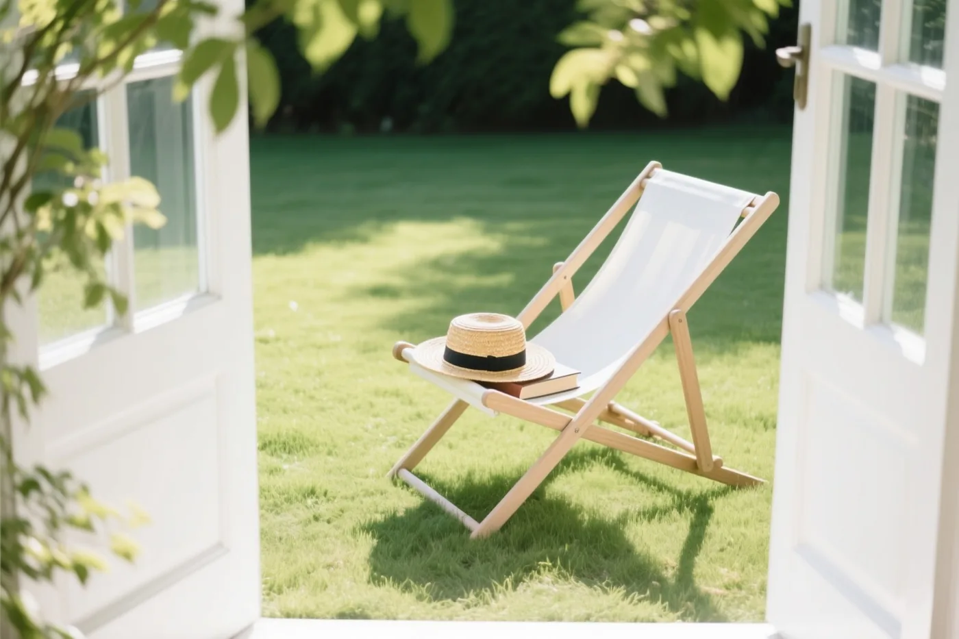 Door een open witte deur is een witte stoffen ligstoel met een strohoed en een boek op een zonnig groen gazon te zien, omlijst door bladeren.