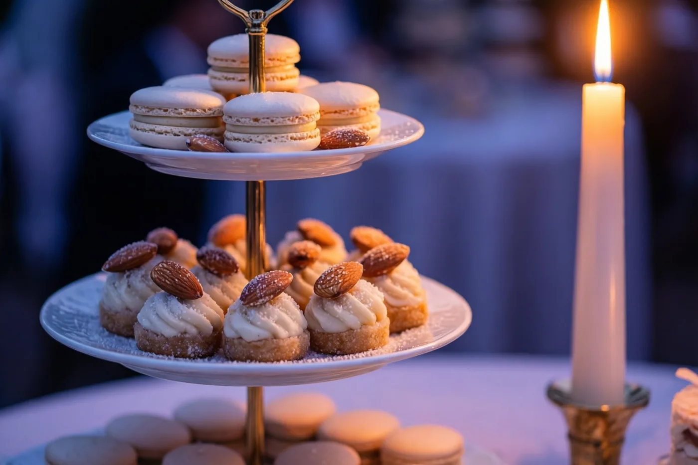 Een etagère met witte macarons en gebakjes met suikerbonen staat naast een hoge brandende doopkaars in zacht licht met blauwe en goudkleurige tinten.