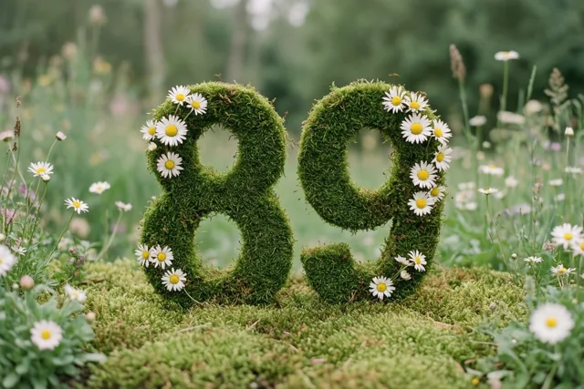 Het getal 89 bestaat uit een groene haag met mos en witte madeliefjes, met onscherp groen op de achtergrond.