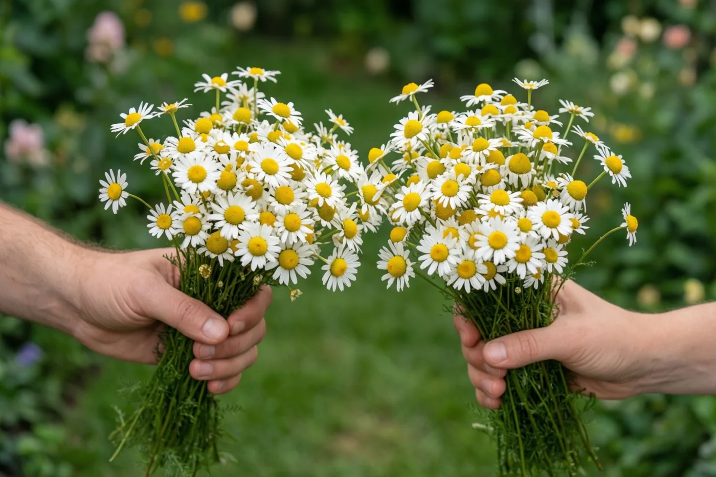 Twee handen steken bosjes witte madeliefjes met gele hartjes naar elkaar uit in een groene tuin.